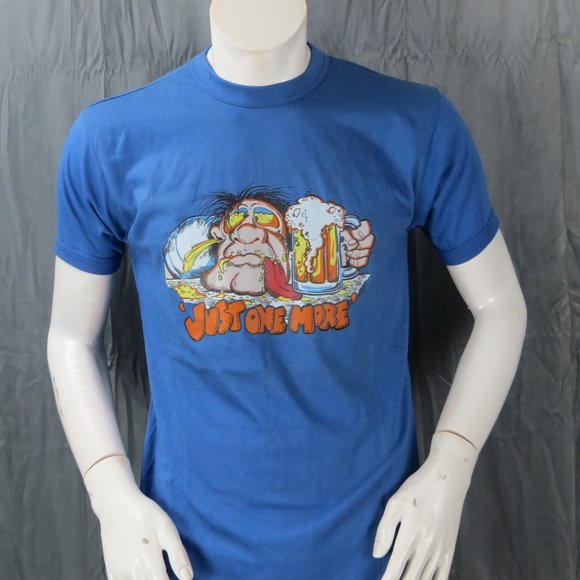 Vintage Iron On Graphic T-shirt - Drunk Man Just One More (1974) - Adult Large - Picture 1 of 10